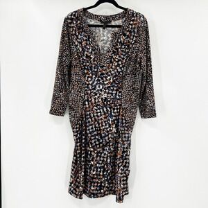 BCBGMAXAZRIA Women's Long Sleeve V-Neck Geometric Print Midi Dress Size L